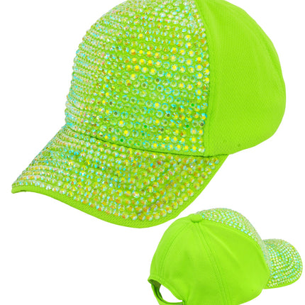 Neongroene strass pet van opzij met meshpanelen en voorgebogen klep