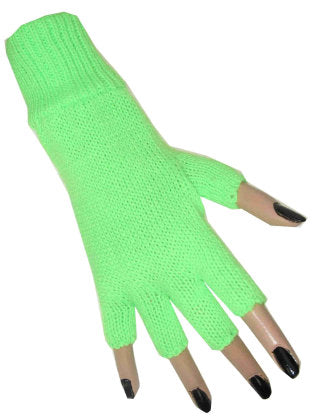Neongroene vingerloze handschoen, kort gebreid model met open vingertoppen, voor een neonfeest