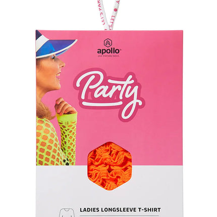 Neonoranje netshirt dames in verpakking, geschikt voor een neonfeest
