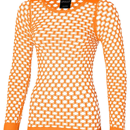 Neonoranje netshirt met lange mouwen, vooraanzicht met grote ovale mazen