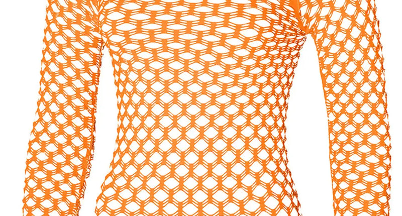 Netshirt dames neonoranje met lange mouw, wijde mazen en geribde hals en zoom