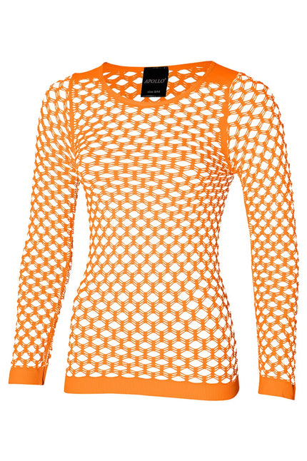 Netshirt dames neonoranje met lange mouw, wijde mazen en geribde hals en zoom