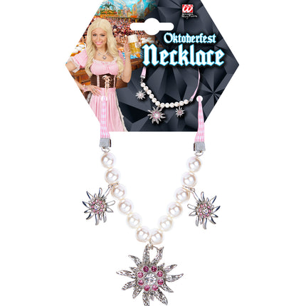 Oktoberfest ketting Dirndl op verpakkingskaart van Widmann met edelweissbedels
