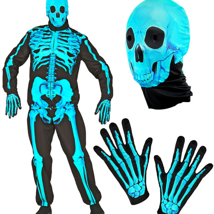 Onderdelen neon skelet kostuum Harry: schedelmasker en handschoenen met botprint