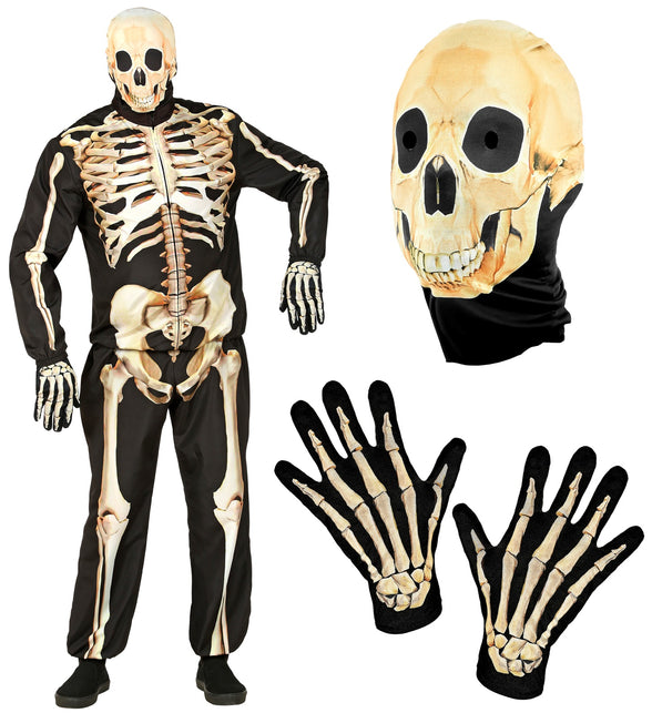Onderdelen van het skelet kostuum Isaack: schedelmasker met halsstuk en handschoenen met botopdruk
