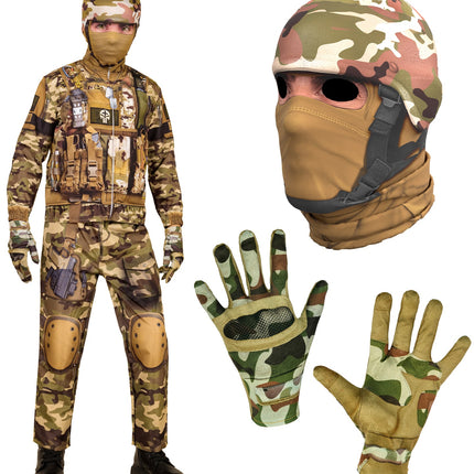 Onderdelen van het soldaat kostuum: masker met geprinte helm en camouflage handschoenen