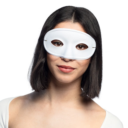 Oogmasker Basic wit gedragen door een vrouw, effen wit halfmasker voor een gemaskerd bal