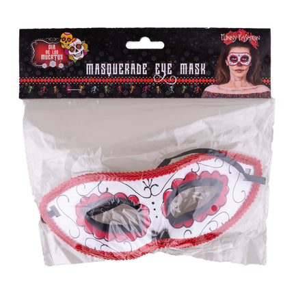Oogmasker dia de los muertos in verpakking met zwart elastiek en rood randboordje