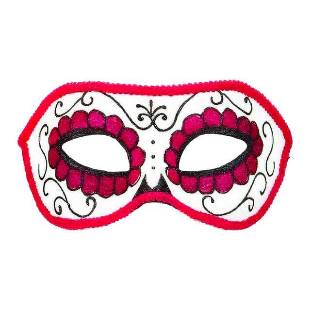 Oogmasker dia de los muertos wit met roze bloemogen, zwarte krullen en rode bies