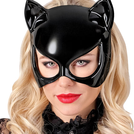 Oogmasker kat zwart op model, ruime ooguitsparingen en vrije mond en kin