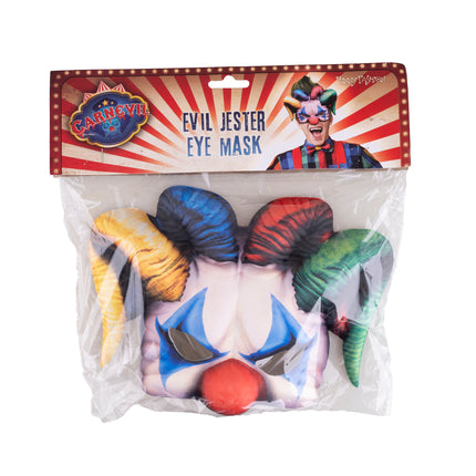 Oogmasker nar van Funny Fashion in de verpakking met kartonnen kop
