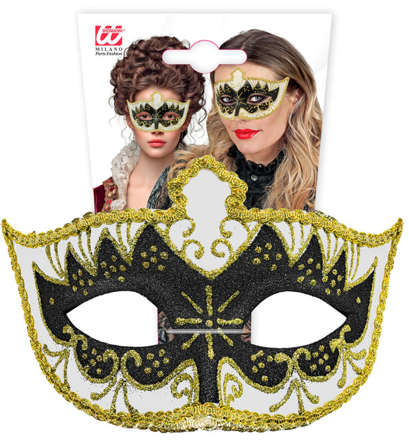 Oogmasker venetiaans dames in verpakking, wit halfmasker met goudkleurige rand