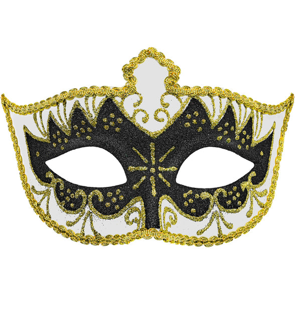Oogmasker venetiaans wit met zwart glitter, gouden krullen en gevlochten gouden sierband