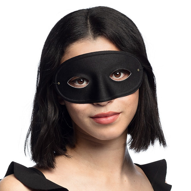 Oogmasker zwart effen, gedragen door dame met donker haar, voor gemaskerd bal
