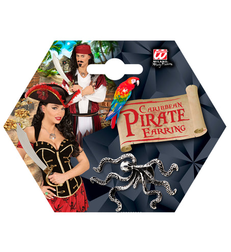 Oorbel Octopus in de verpakking, zilverkleurige octopus met tentakels voor een piratenlook
