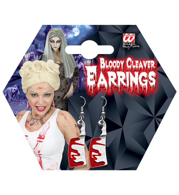 Oorbellen hakmes met bloed op verpakkingskaart, set van twee bloederige hakmeshangers voor Halloween