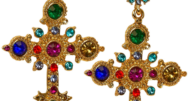 Oorbellen kruis goud met rode, groene en blauwe steentjes, hangend paar