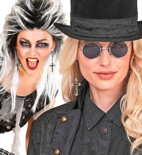 Oorbellen kruis zwart Noah bij een zwarte hoge hoed en ronde donkere bril voor een gothic look