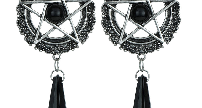 Oorbellen satanisch Zoë in zilver en zwart met pentagram en facetgeslepen druppelhanger