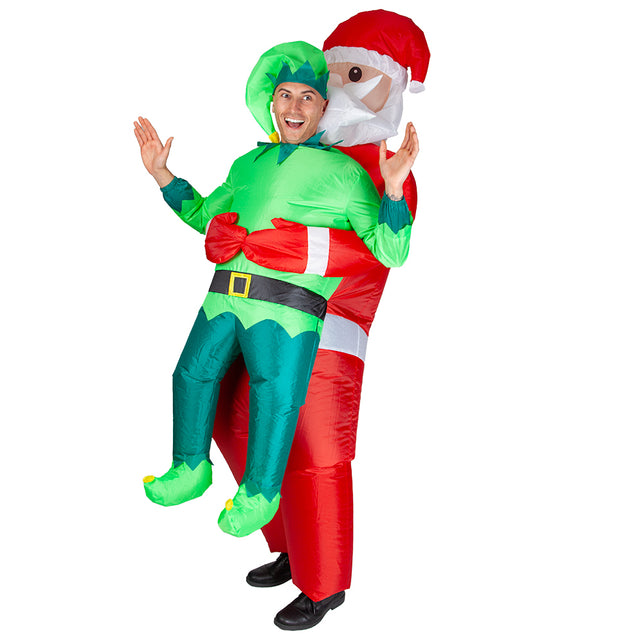 Opblaasbaar kerstman elf kostuum in rood en groen, met zwarte riem en puntschoenen, voor Kerst