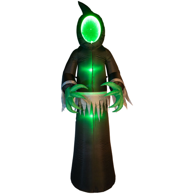 Opblaasbaar spook met LED 240 cm, zwart gewaad met groen oplichtend gezicht en groene klauwen