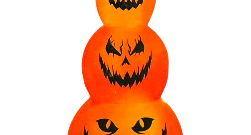 Opblaasbare LED pompoentoren met drie oranje pompoenen, zwarte enge gezichten en groene steel voor Halloween