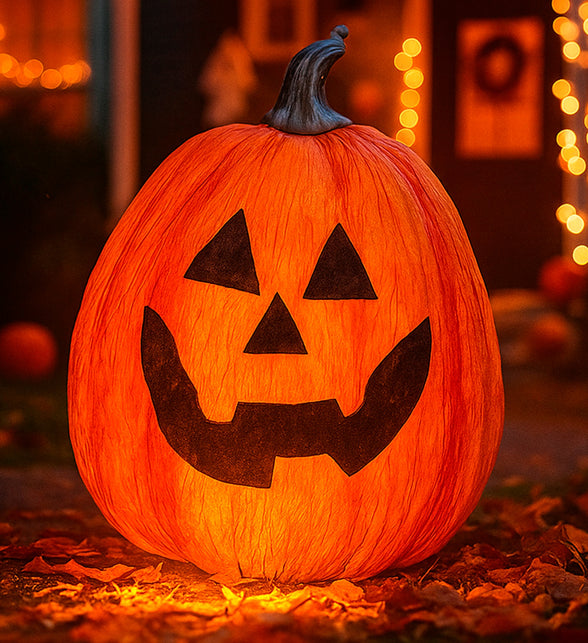Oplichtende halloween pompoen bij de voordeur tussen herfstblad op een halloweenavond
