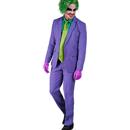 Paars krijtstreeppak wrede clown gedragen door heer met groene pruik en schmink