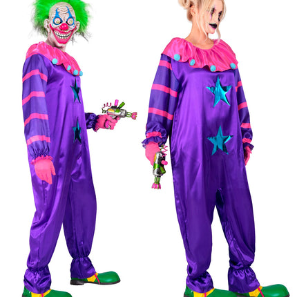 Paarse clown jumpsuit met roze streepmouwen, geplooide kraag en lichtblauwe pompons, vooraanzicht