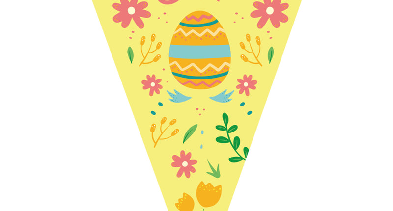 Paasvlaggenlijn geel, driehoekig vlaggetje met paasei, tulpen en Happy Easter-opdruk