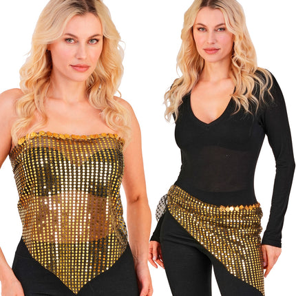Pailletten doek goud als strapless topje en als driehoekige heupsjaal met muntjes