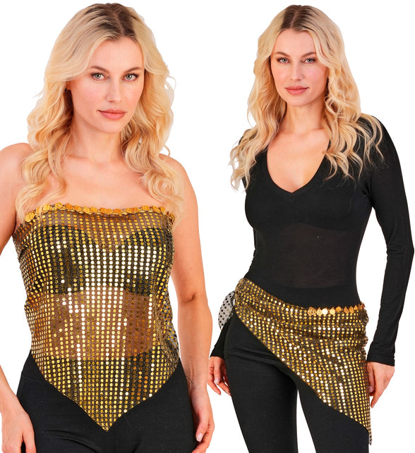 Pailletten doek goud als strapless topje en als driehoekige heupsjaal met muntjes