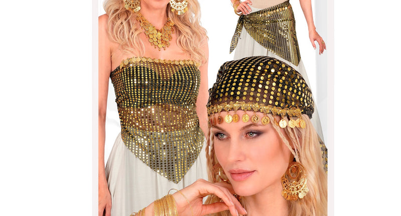 Pailletten doek goud met munten voor dames in verpakking, te dragen als hoofddoek, top of heupsjaal