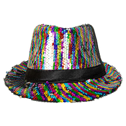 Paillettenhoedje multicolour vooraanzicht met verticale kleurbanen over de bol