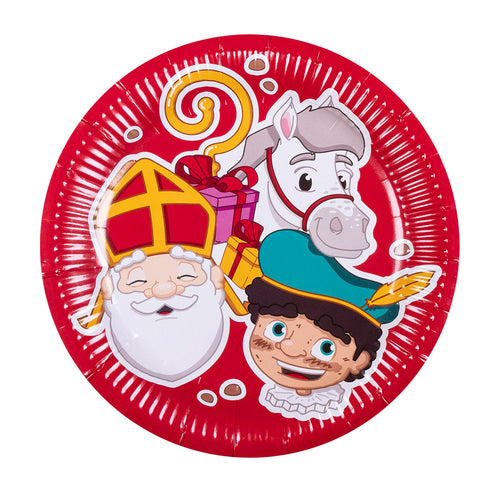 Papieren bordje Sinterklaas in rood met Sint, Piet en het paard, 23 cm doorsnede