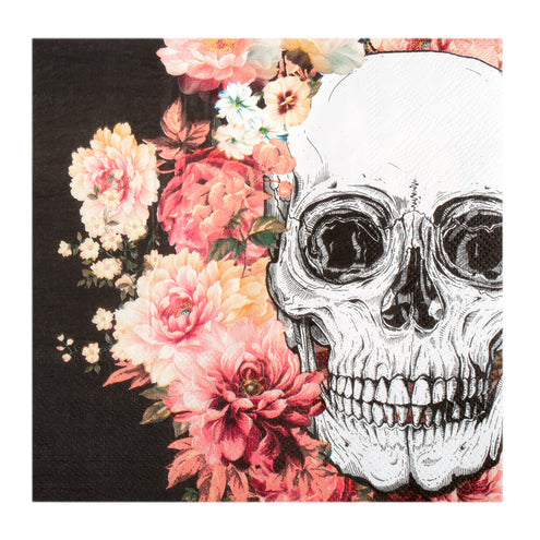 Papieren servet Day of the Dead met witte schedel naast roze en perzikkleurige bloemen op zwart