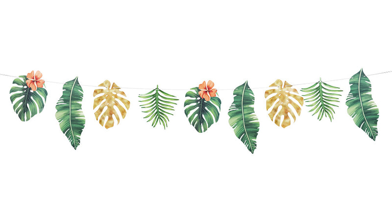 Papieren slinger tropische bladeren met groene en gouden monsterabladeren, palmbladeren en hibiscus, voor een hawaiifeest