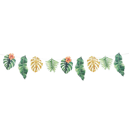 Papieren slinger tropische bladeren met groene en gouden monsterabladeren, palmbladeren en hibiscus, voor een hawaiifeest