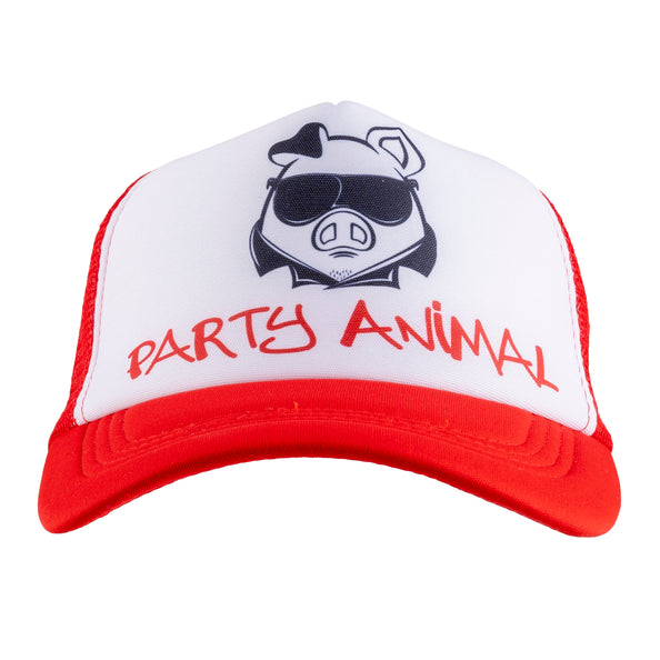 Party Animal pet rood-wit met zwarte varkenskop op zonnebril en rode opdruk op het witte front