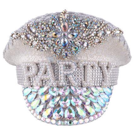 Party pet glitter zilver van voren met parelletters PARTY en iriserende strass op de klep