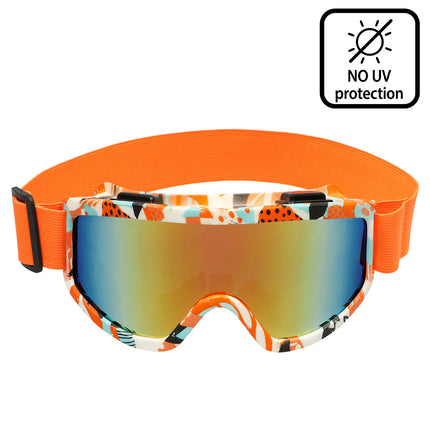 Party skibril Blitz vooraanzicht met oranje grafische print, spiegelend regenboogglas en oranje band