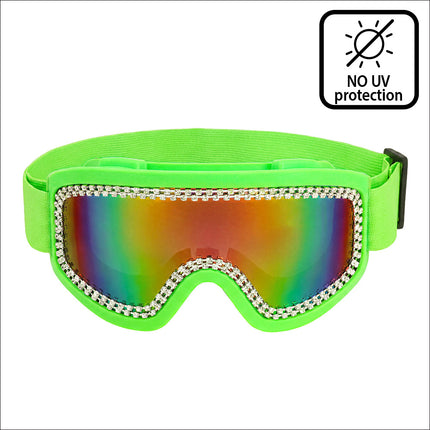 Party skibril Rave neongroen vooraanzicht met regenboog spiegelglas en dubbele strassrand