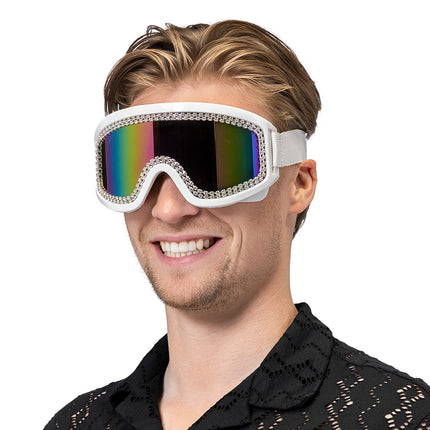 Party skibril Rave wit voor de ogen gedragen, met spiegelend regenboogvizier voor een rave of après-skifeest