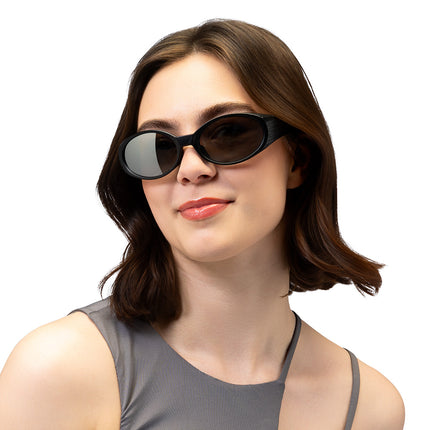 Partybril Vector zwart op een vrouw met bob, ovale grijze spiegelglazen voor een discofeest