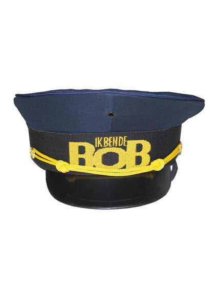 Pet Ik ben de Bob blauw met zwarte band, gele opdruk en geel koord