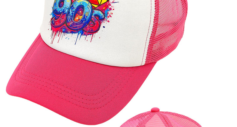 Pet jaren 90 roze met witte voorkant en 90s graffitiprint, mesh achterkant met verstelbare sluiting