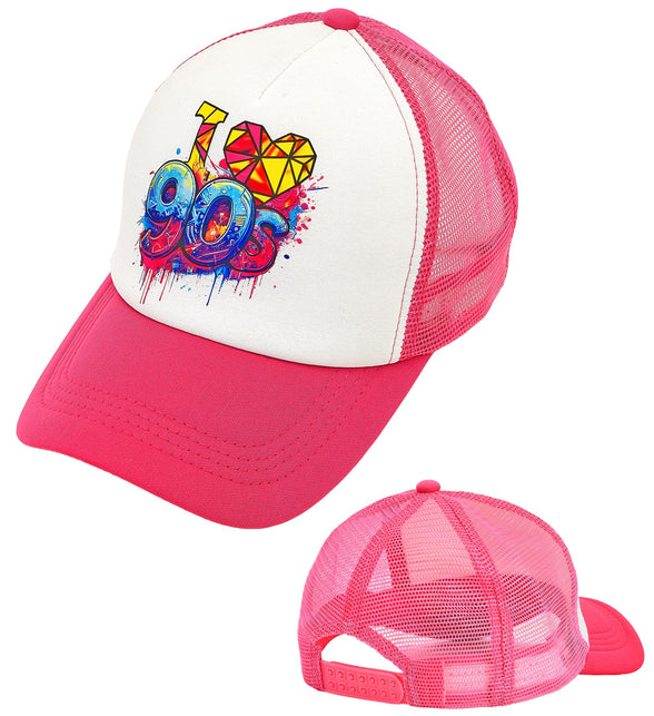 Pet jaren 90 roze met witte voorkant en 90s graffitiprint, mesh achterkant met verstelbare sluiting