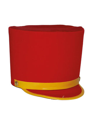 Pet muziekband in rood met glanzend gele band, gele klepbies en goudkleurige sterknoopjes voor carnaval