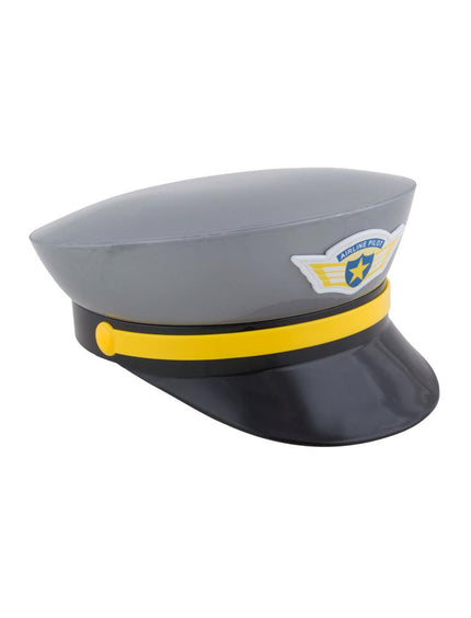 Pet piloot pvc grijs met zwarte klep, gele band en gevleugeld pilotenembleem voor een themafeest