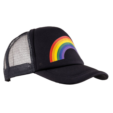 Pet regenboog print zwart met gekleurde regenboogboog op het voorpand en meshzijkanten